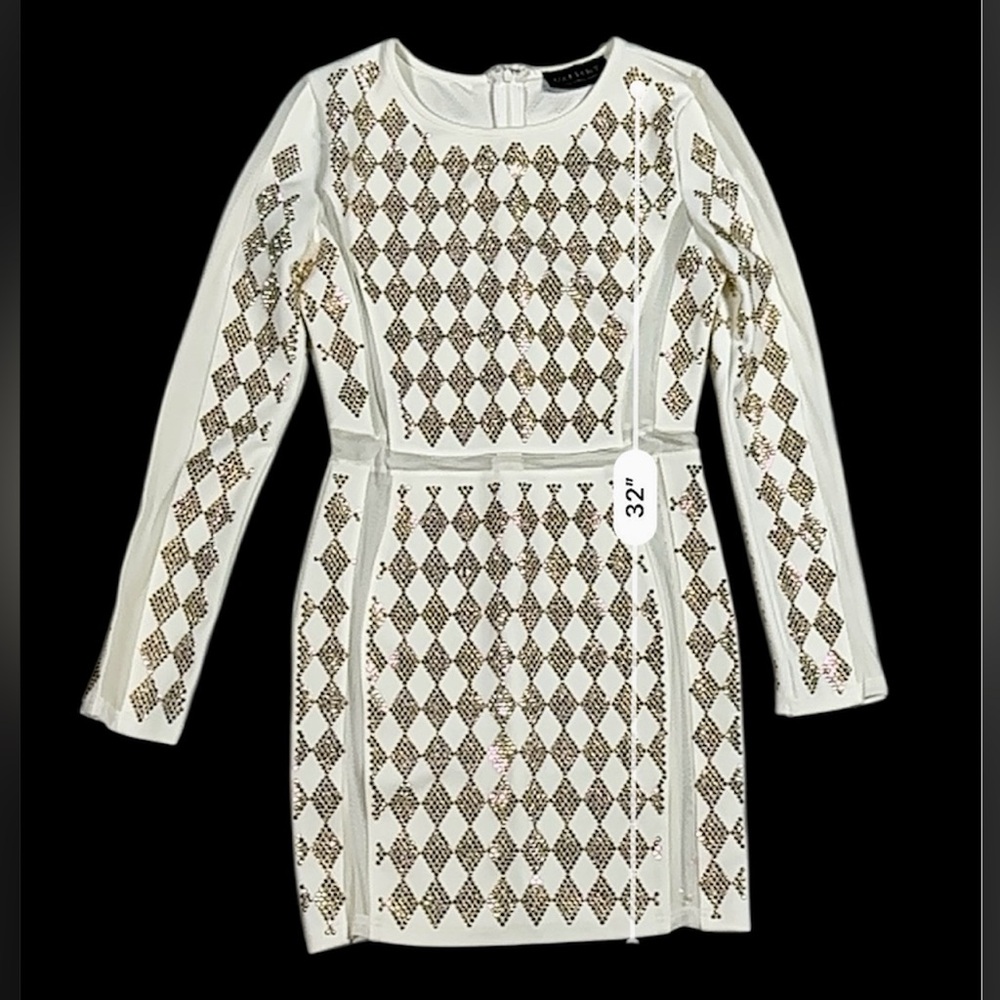 Valiant Paris White Gold Studded Bodycon Dress Long Sleeve Embellished – Size L - Picture 13 of 16